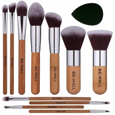 BS-MALL Custom Logo Bamboo Brushes Makeup Cosmetic Print Yor LOGO 11pcs Natural Handle Bamboo Makeup Brushes With Makeup Sponge